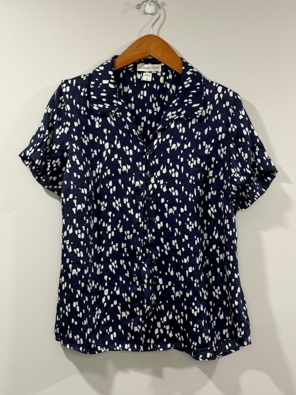 Coldwater Creek Womens Navy Button-Down Short Sleeve Shirt with White Dot Size L